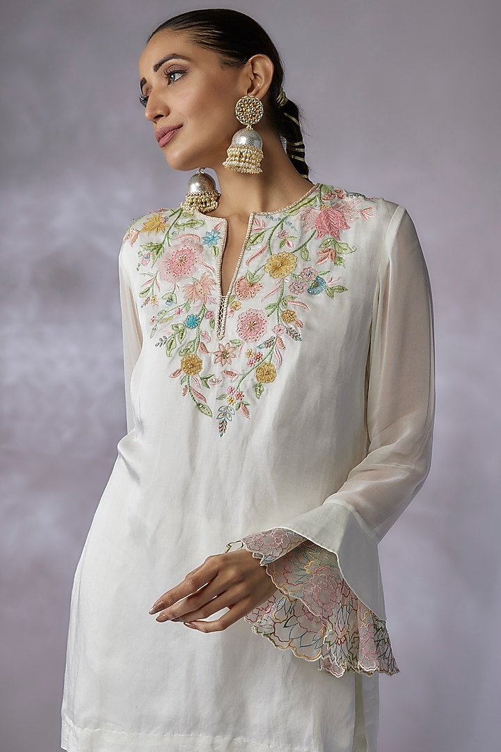 Ivory Silk Linen Satin Embroidered Kurta Set by SHREEKA at Pernia's Pop Up Shop