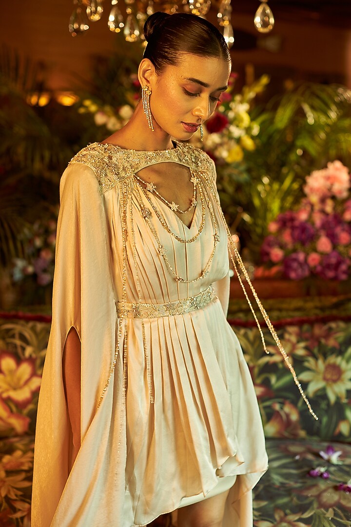 Beige Silk Satin Hand Embellished Kaftan Cocktail Dress With Belt by SHREEKA at Pernia's Pop Up Shop