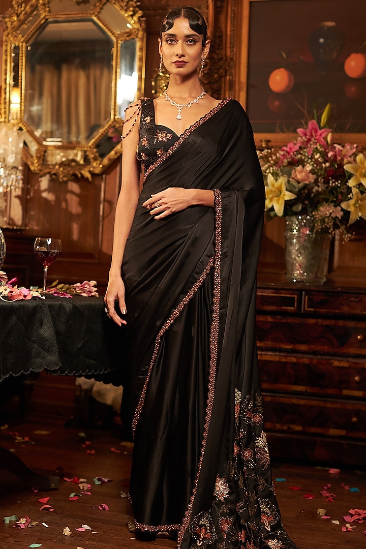 Black Silk Satin Hand Embroidered Saree Set by SHREEKA