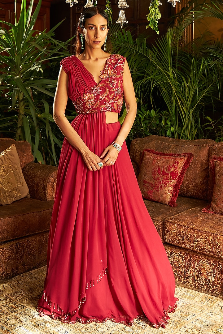 Deep Red Viscose Georgette Hand Embroidered A-line Skirt Set by SHREEKA
