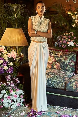 Ivory Crepe & Satin Lycra Draped Skirt Set by SHREEKA