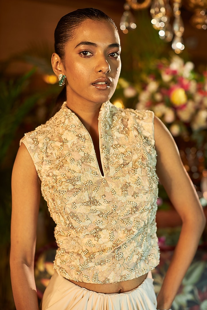 Ivory Crepe & Satin Lycra Draped Skirt Set by SHREEKA at Pernia's Pop Up Shop