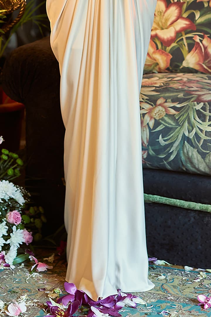 Ivory Crepe & Satin Lycra Draped Skirt Set by SHREEKA at Pernia's Pop Up Shop