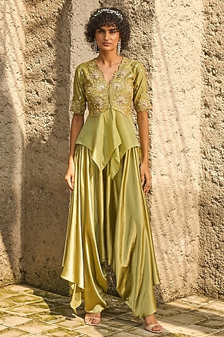 Pista Green Satin Hand Embroidered Pant Set by SHREEKA