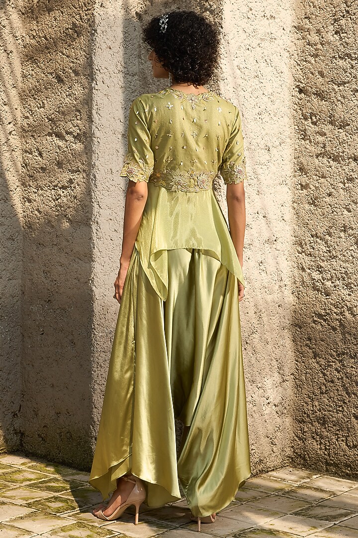 Pista Green Satin Hand Embroidered Pant Set by SHREEKA at Pernia's Pop Up Shop