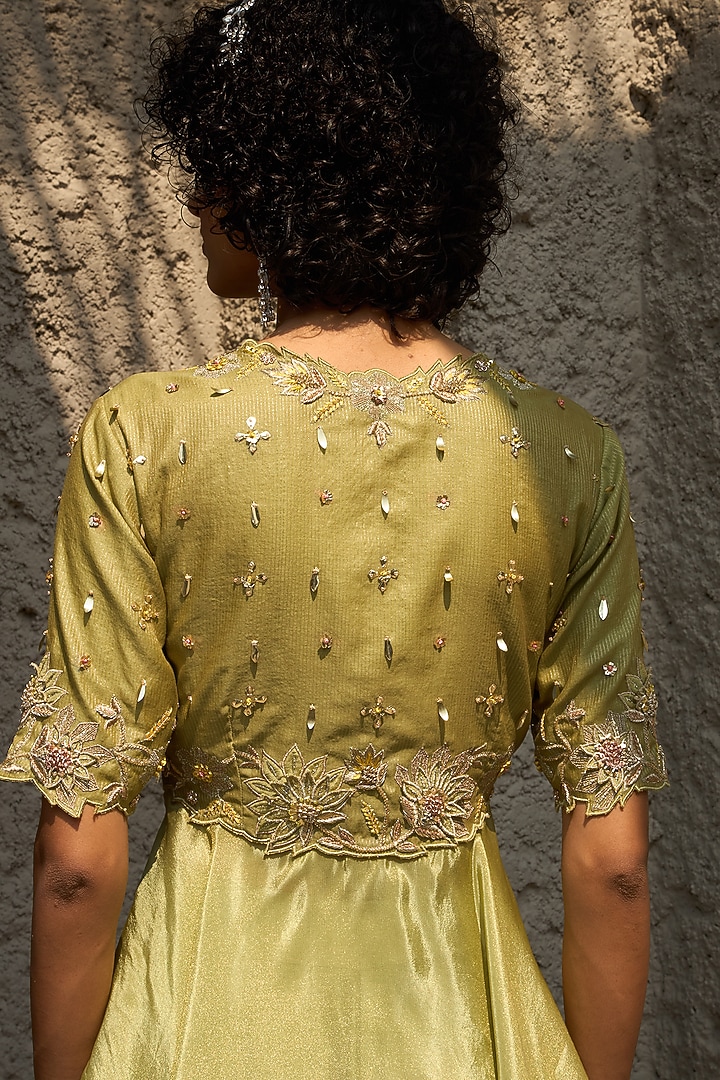 Pista Green Satin Hand Embroidered Pant Set by SHREEKA at Pernia's Pop Up Shop