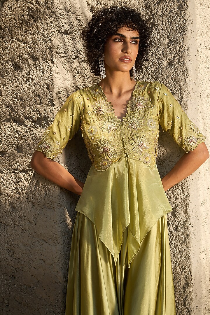Pista Green Satin Hand Embroidered Pant Set by SHREEKA at Pernia's Pop Up Shop