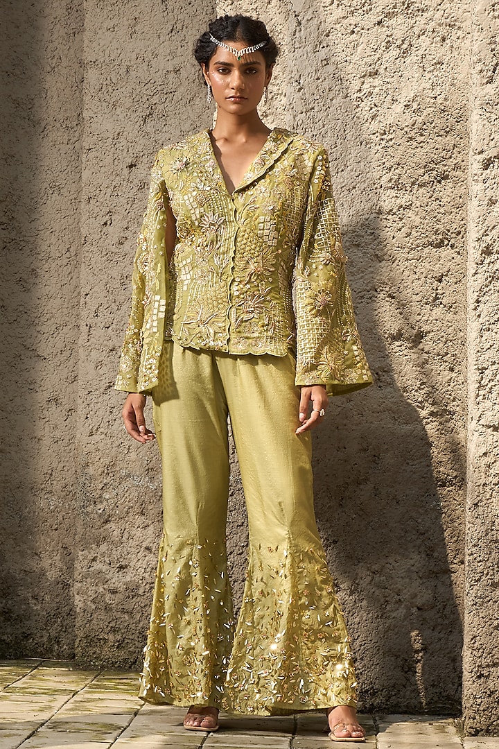 Pista Green Chanderi Zari Hand Embroidered Jacket Set by SHREEKA at Pernia's Pop Up Shop