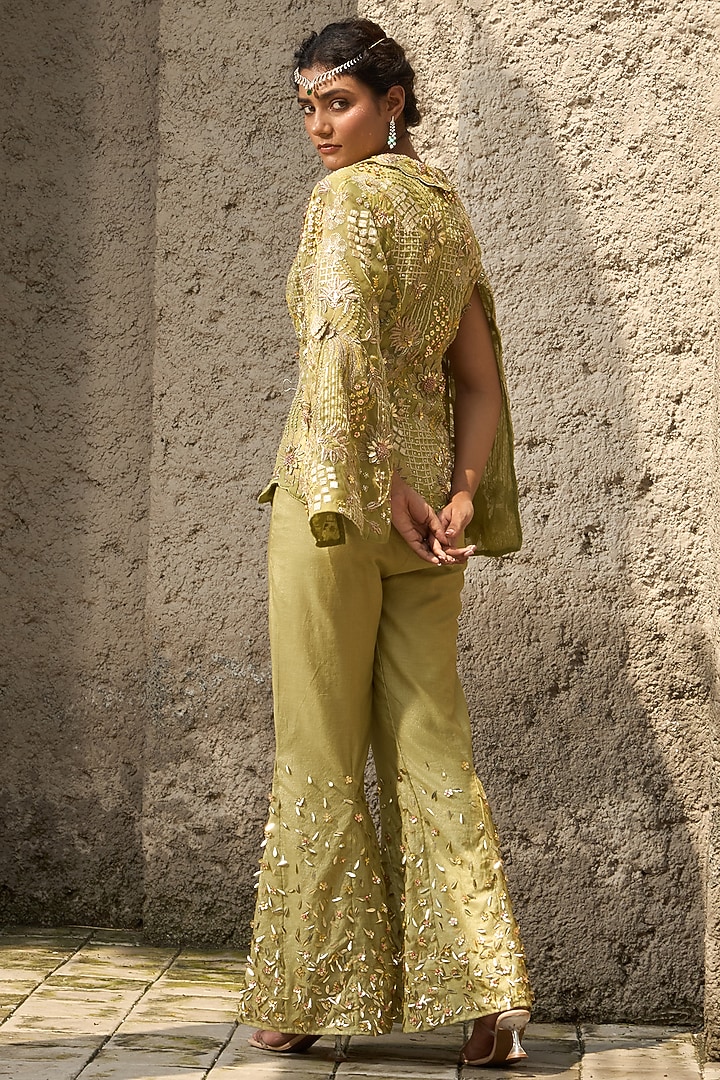 Pista Green Chanderi Zari Hand Embroidered Jacket Set by SHREEKA at Pernia's Pop Up Shop