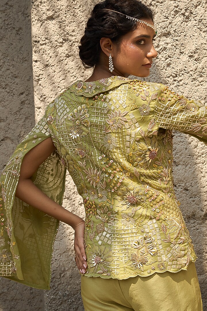 Pista Green Chanderi Zari Hand Embroidered Jacket Set by SHREEKA at Pernia's Pop Up Shop