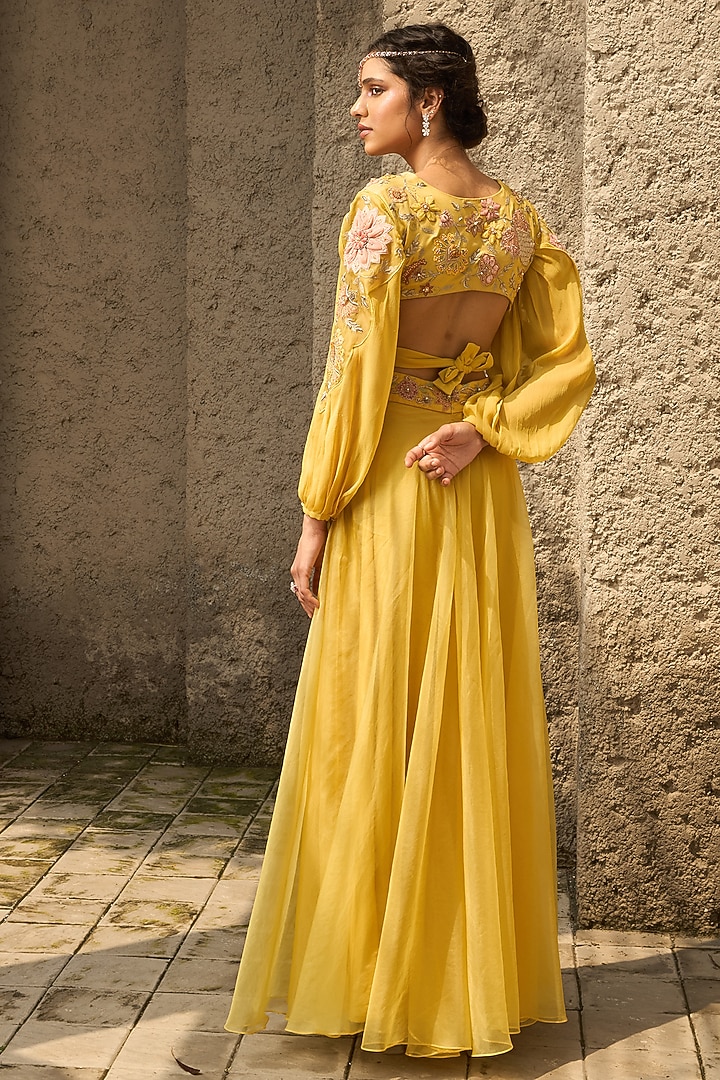 Lime Green Organza Floral Hand Embroidered Flared Pant Set by SHREEKA at Pernia's Pop Up Shop