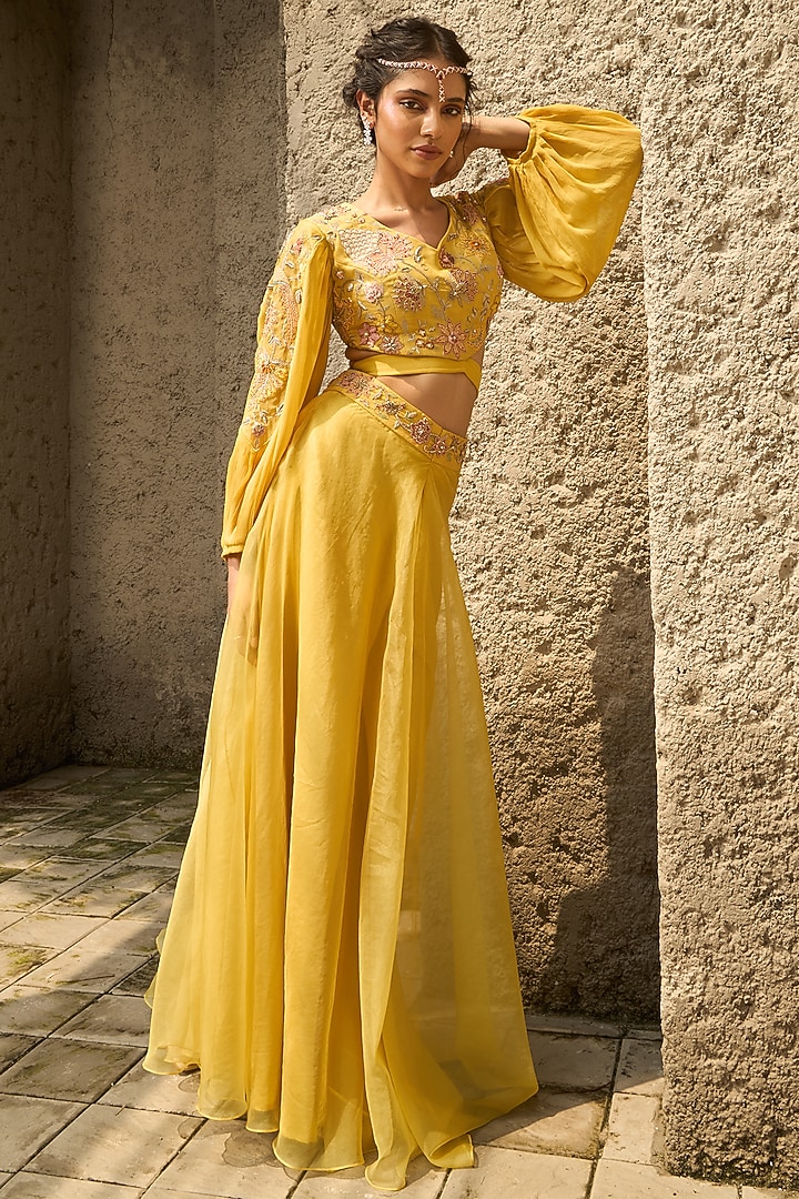 Lime Green Organza Floral Hand Embroidered Flared Pant Set by SHREEKA at Pernia's Pop Up Shop