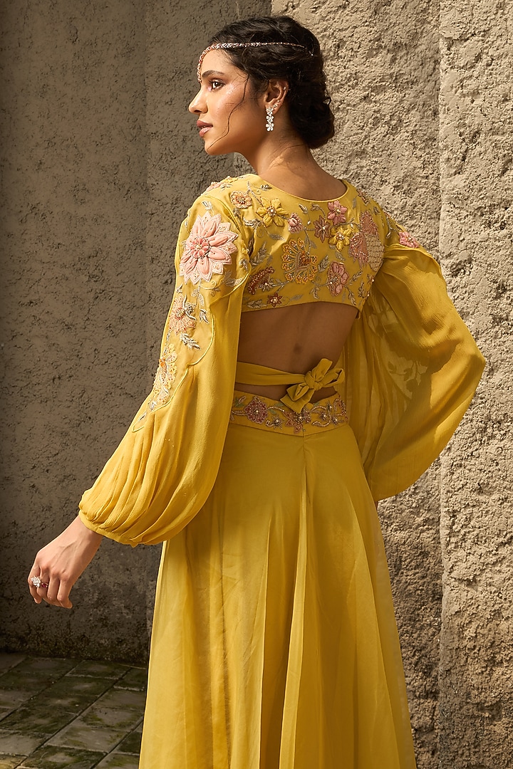 Lime Green Organza Floral Hand Embroidered Flared Pant Set by SHREEKA at Pernia's Pop Up Shop