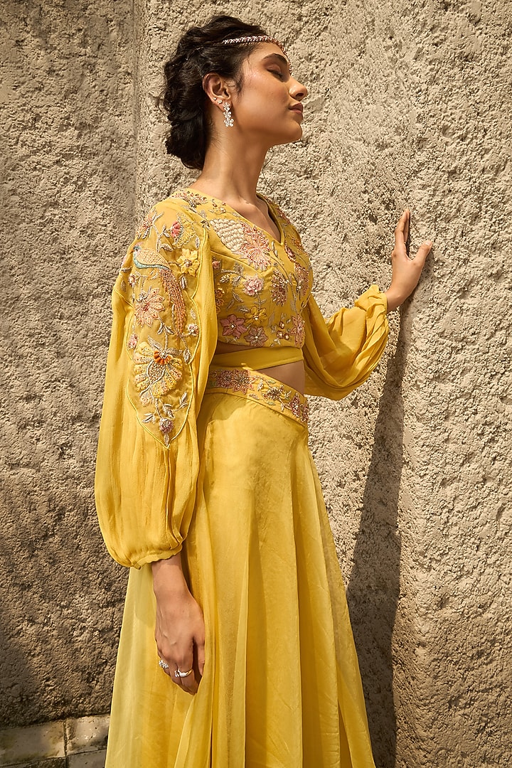 Lime Green Organza Floral Hand Embroidered Flared Pant Set by SHREEKA at Pernia's Pop Up Shop