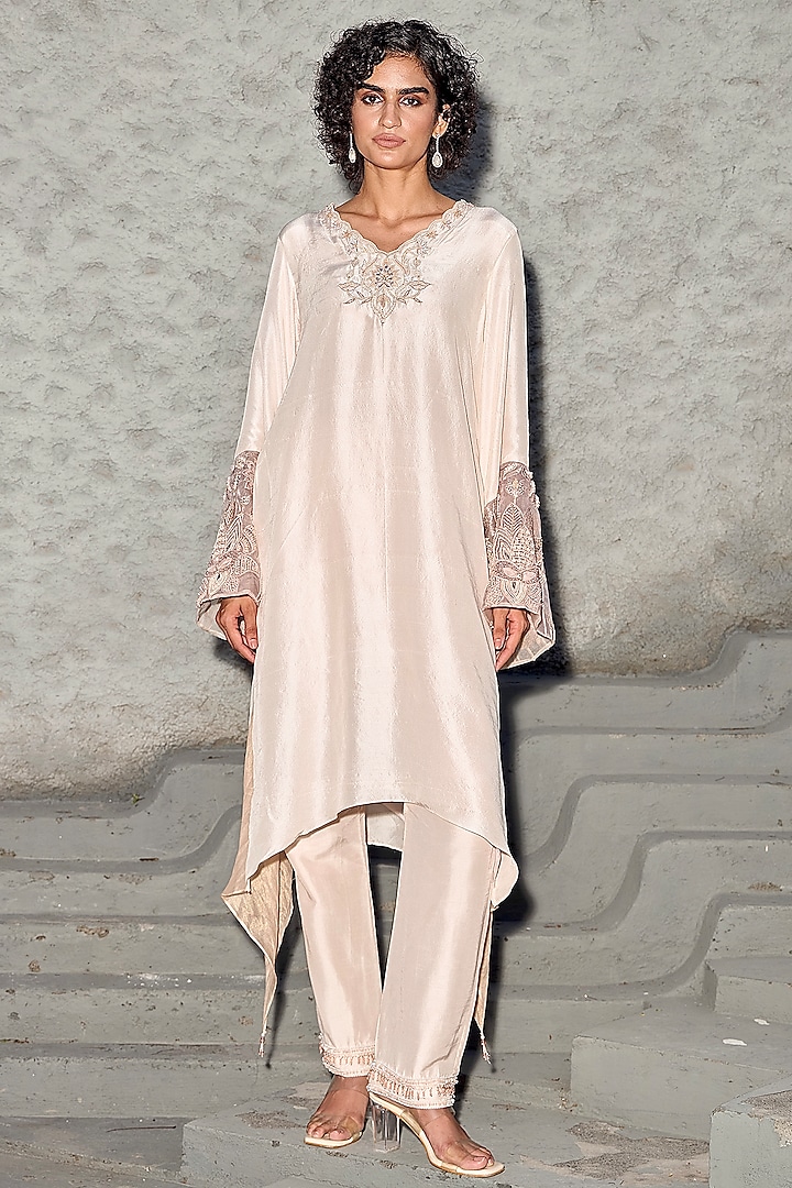 Ivory Dupion Silk Hand Embroidered Kaftan Set by SHREEKA at Pernia's Pop Up Shop