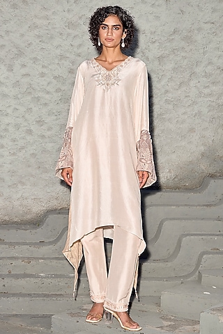 Ivory Dupion Silk Hand Embroidered Kaftan Set by SHREEKA
