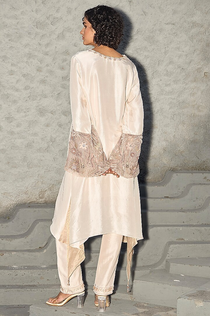 Ivory Dupion Silk Hand Embroidered Kaftan Set by SHREEKA at Pernia's Pop Up Shop