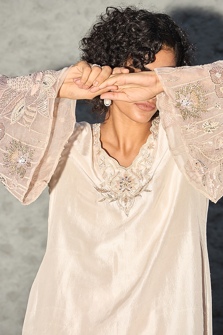 Ivory Dupion Silk Hand Embroidered Kaftan Set by SHREEKA at Pernia's Pop Up Shop