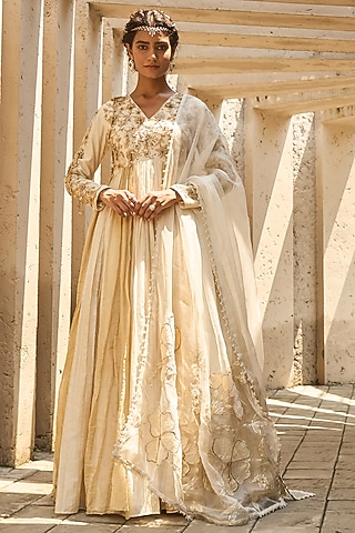 Ivory & Gold Banarasi Tissue Floral Hand Embroidered Anarkali Set by SHREEKA