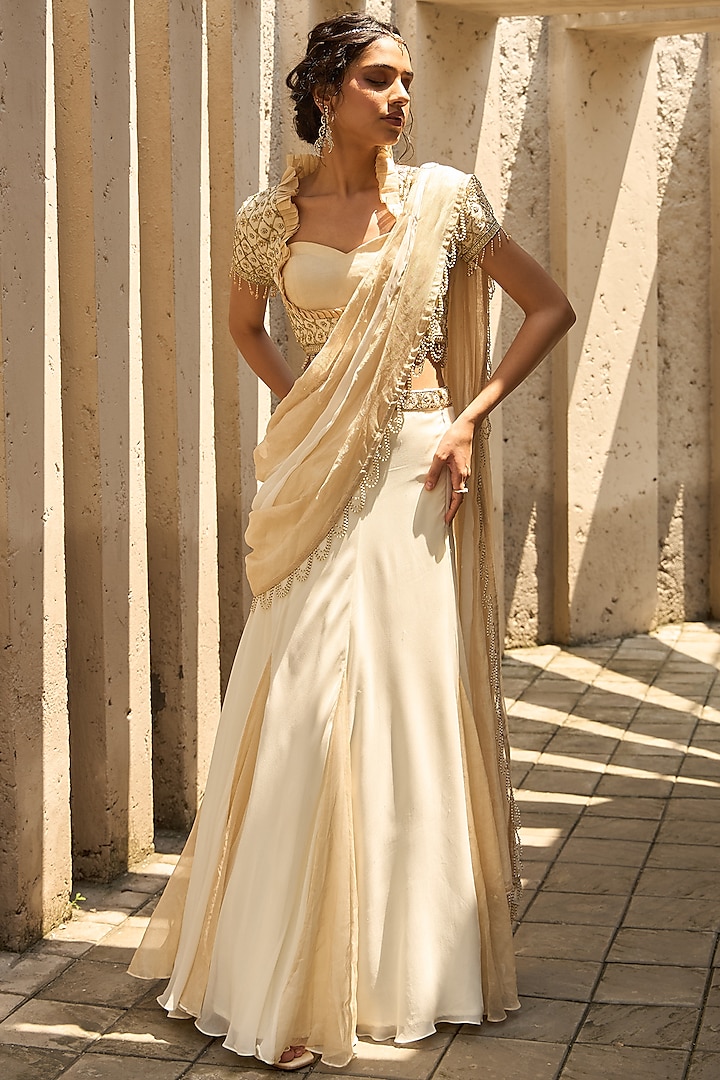 Ivory & Gold Georgette Embroidered Paneled Wedding Lehenga Saree Set by SHREEKA at Pernia's Pop Up Shop