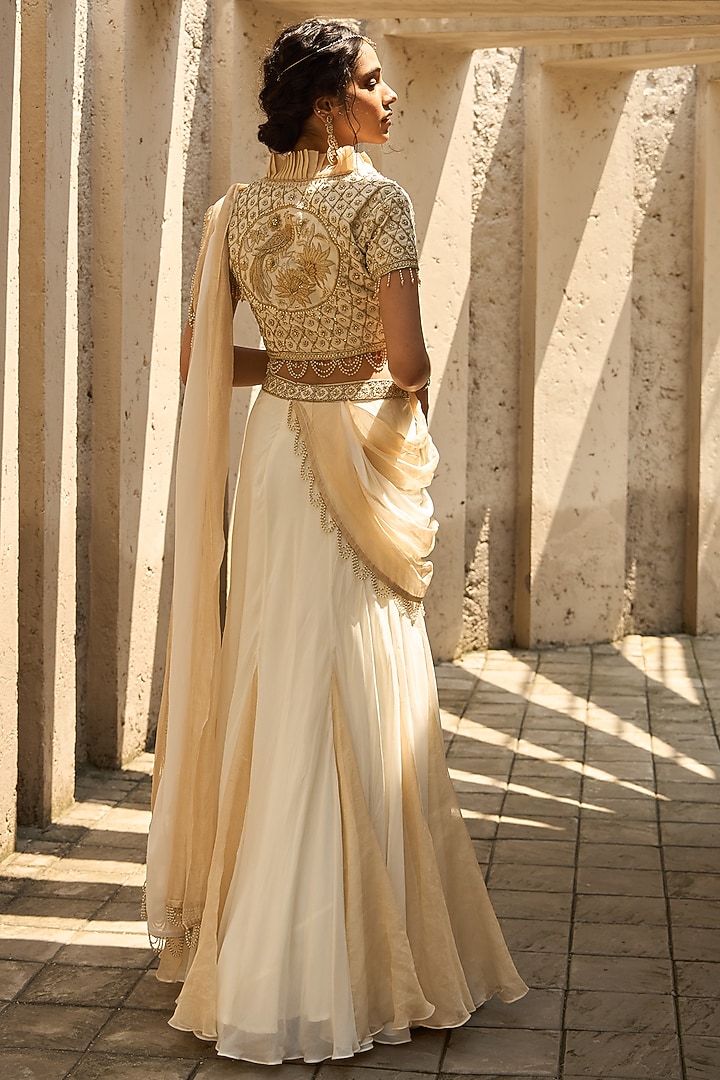 Ivory & Gold Georgette Embroidered Paneled Wedding Lehenga Saree Set by SHREEKA at Pernia's Pop Up Shop