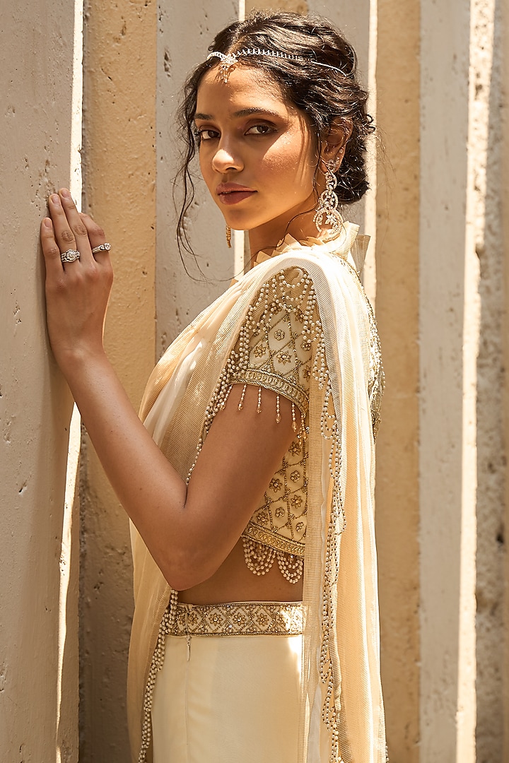 Ivory & Gold Georgette Embroidered Paneled Wedding Lehenga Saree Set by SHREEKA at Pernia's Pop Up Shop