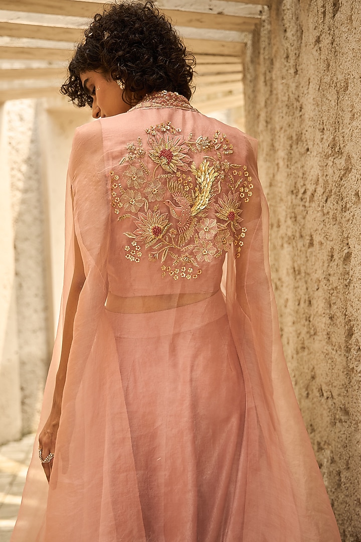Blush Pink Silk Organza Hand Embroidered Cape Set by SHREEKA at Pernia's Pop Up Shop