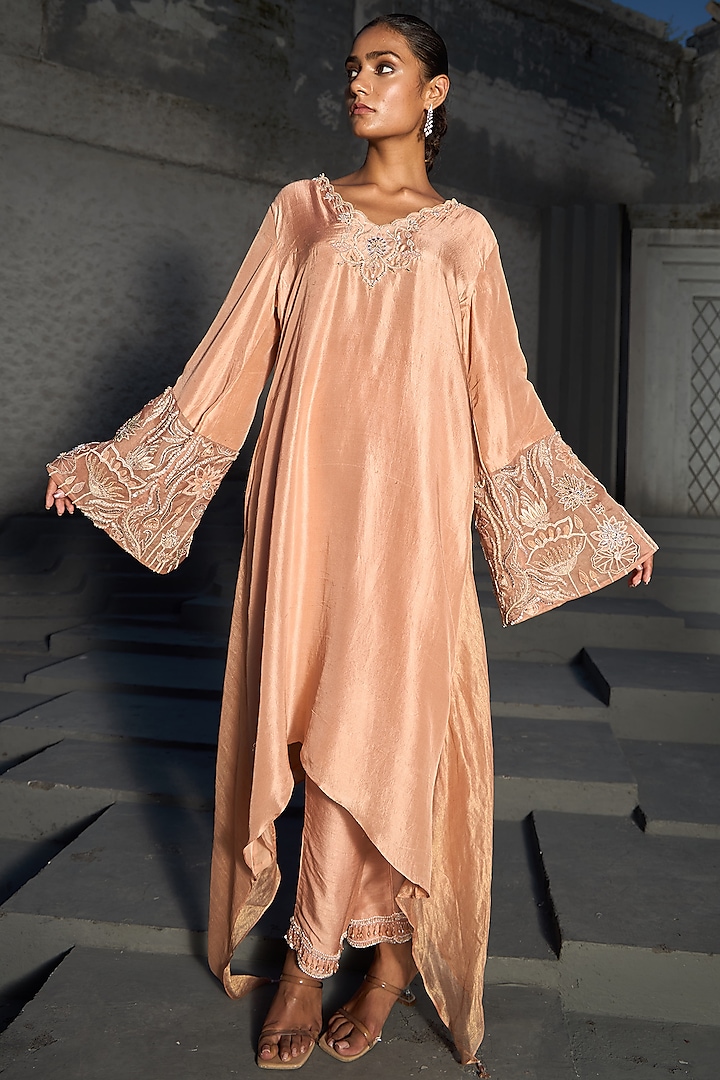 Blush Pink Dupion Silk Hand Embroidered Kaftan Set by SHREEKA at Pernia's Pop Up Shop