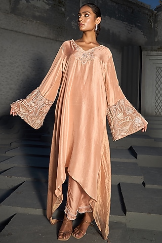 Blush Pink Dupion Silk Hand Embroidered Kaftan Set by SHREEKA