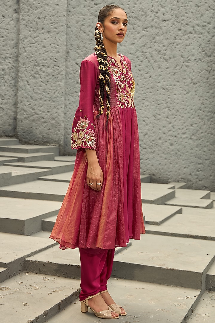 Magenta Chanderi 3D Floral Hand Embroidered Kurta Set by SHREEKA at Pernia's Pop Up Shop