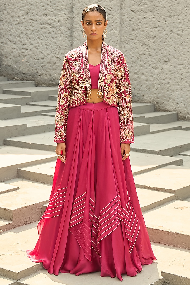 Magenta Silk Hand Embroidered Tiered Handkerchief Skirt Set by SHREEKA at Pernia's Pop Up Shop