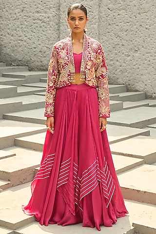 Magenta Silk Hand Embroidered Tiered Handkerchief Skirt Set by SHREEKA
