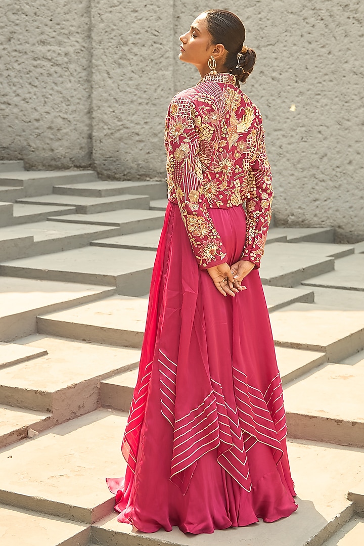 Magenta Silk Hand Embroidered Tiered Handkerchief Skirt Set by SHREEKA at Pernia's Pop Up Shop