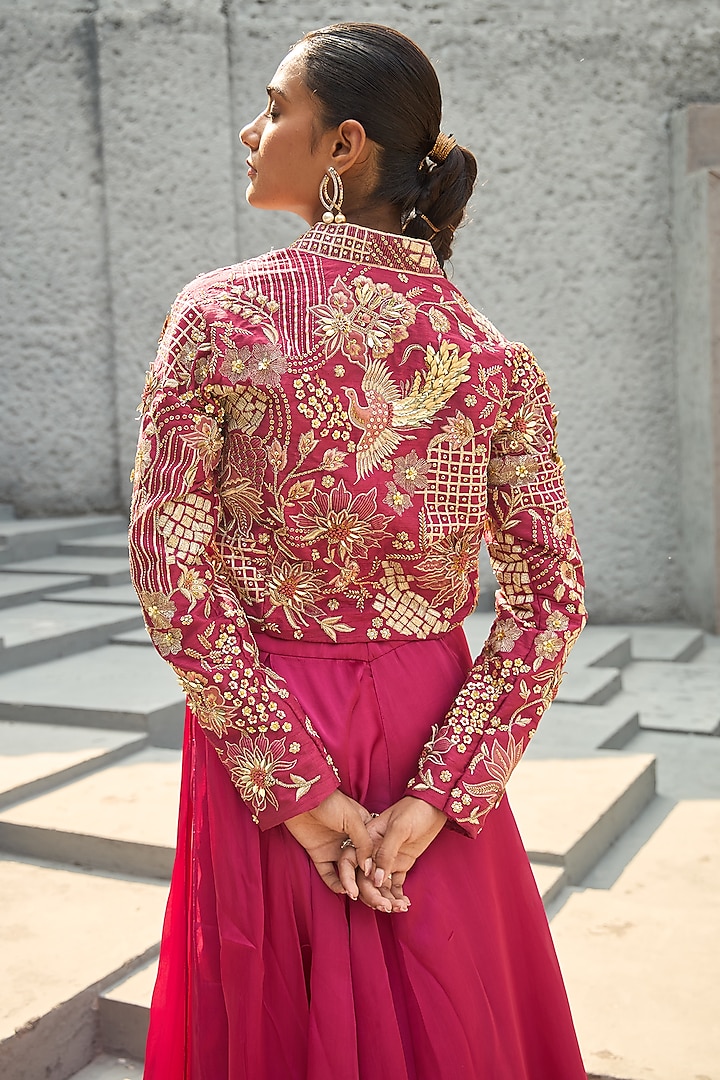 Magenta Silk Hand Embroidered Tiered Handkerchief Skirt Set by SHREEKA at Pernia's Pop Up Shop