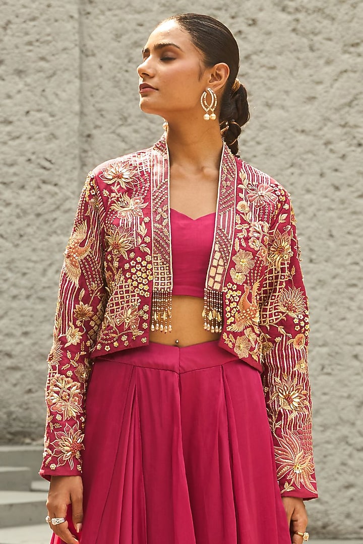 Magenta Silk Hand Embroidered Tiered Handkerchief Skirt Set by SHREEKA at Pernia's Pop Up Shop