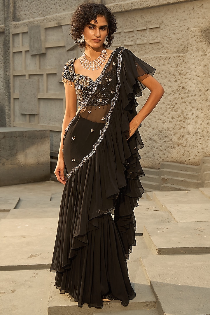 Black Georgette Hand Embroidered Pre-Draped Ruffled Saree Set by SHREEKA at Pernia's Pop Up Shop