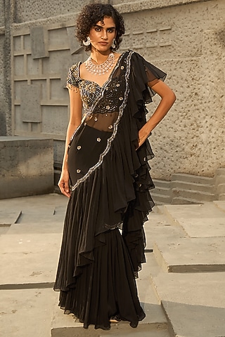 Black Georgette Hand Embroidered Pre-Draped Ruffled Saree Set by SHREEKA