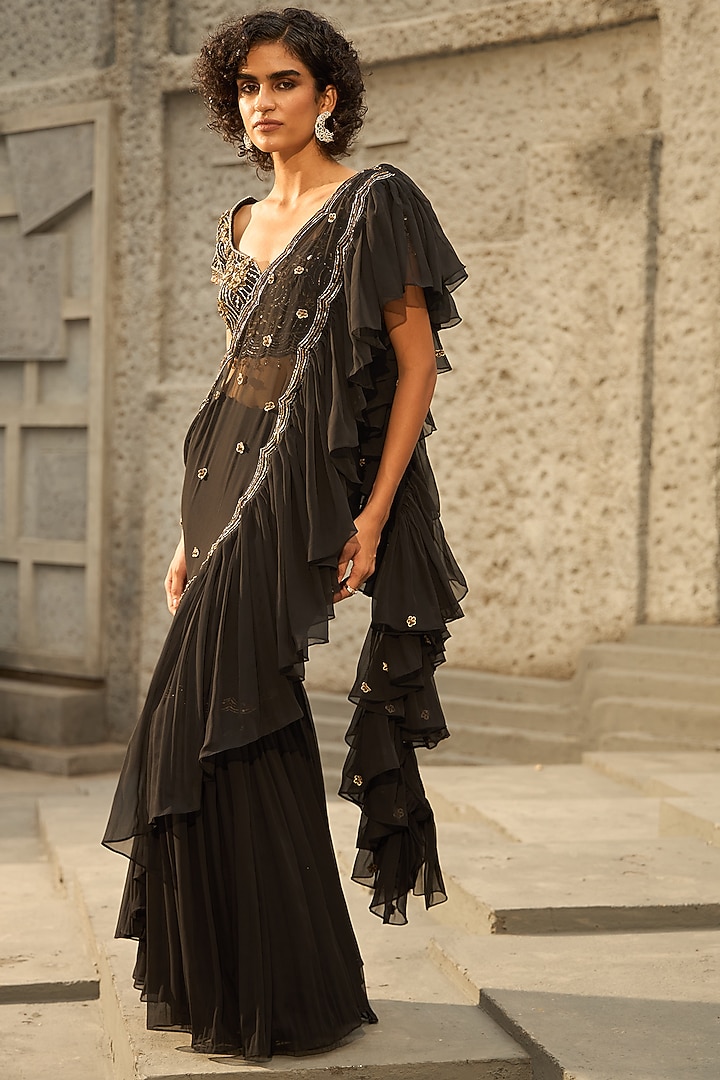 Black Georgette Hand Embroidered Pre-Draped Ruffled Wedding Saree Set by SHREEKA at Pernia's Pop Up Shop