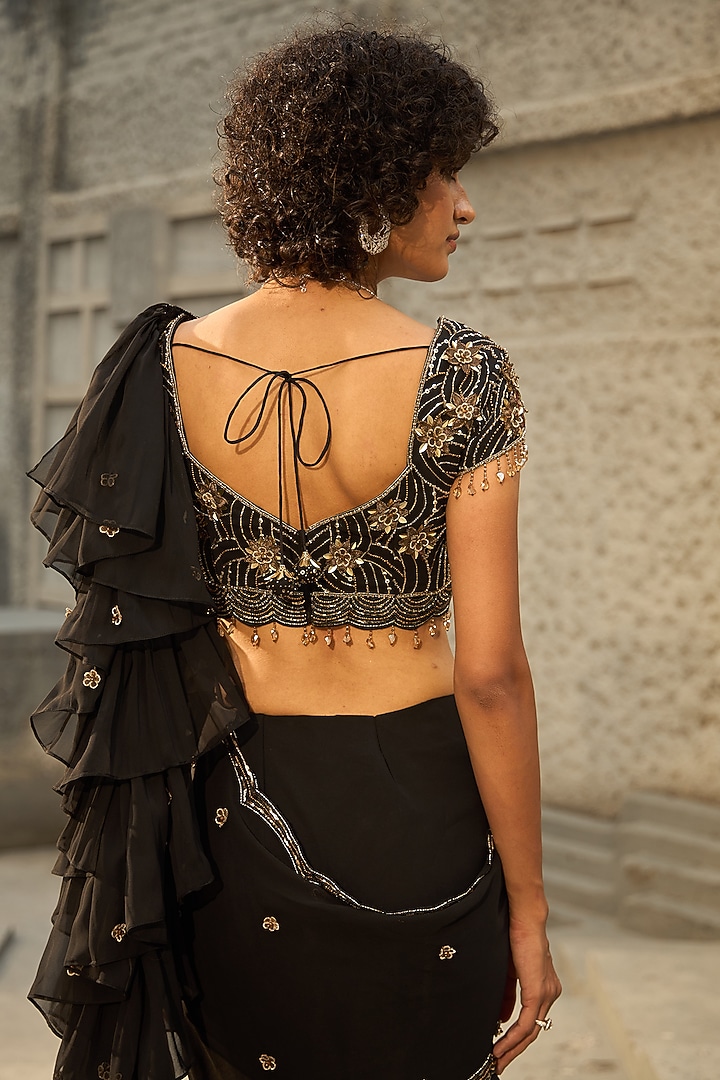 Black Georgette Hand Embroidered Pre-Draped Ruffled Wedding Saree Set by SHREEKA at Pernia's Pop Up Shop