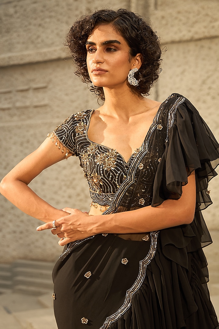 Black Georgette Hand Embroidered Pre-Draped Ruffled Wedding Saree Set by SHREEKA at Pernia's Pop Up Shop