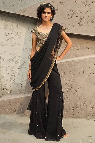 Black Georgette Hand Embroidered Sharara Pant Saree Set by SHREEKA