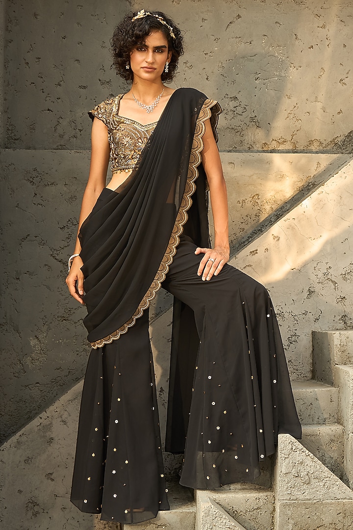 Black Georgette Hand Embroidered Sharara Pant Wedding Saree Set by SHREEKA at Pernia's Pop Up Shop