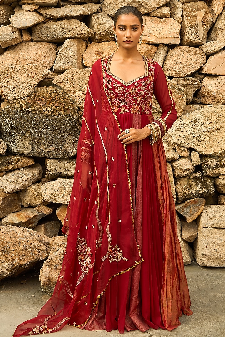 Deep Red Georgette & Banarasi Tissue Floral Hand Embroidered Pleated Anarkali Set by SHREEKA at Pernia's Pop Up Shop