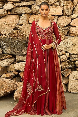 Deep Red Georgette & Banarasi Tissue Floral Hand Embroidered Pleated Anarkali Set by SHREEKA
