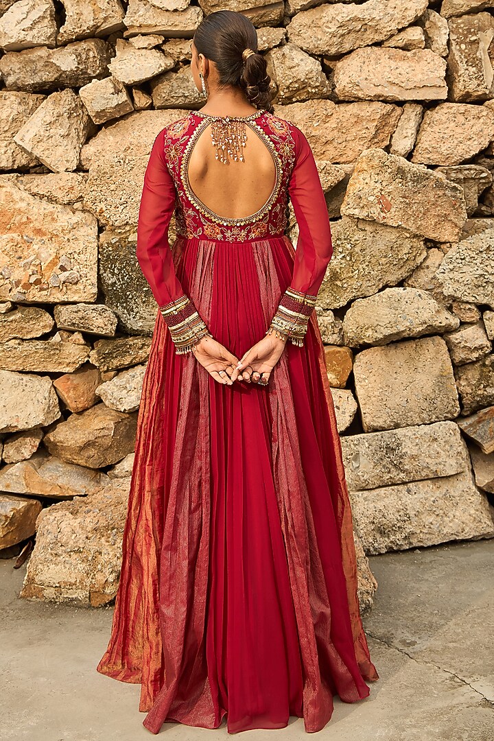 Deep Red Georgette & Banarasi Tissue Floral Hand Embroidered Pleated Wedding Anarkali Set by SHREEKA at Pernia's Pop Up Shop