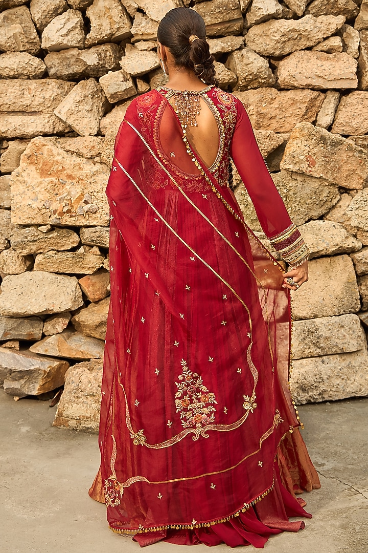 Deep Red Georgette & Banarasi Tissue Floral Hand Embroidered Pleated Wedding Anarkali Set by SHREEKA at Pernia's Pop Up Shop