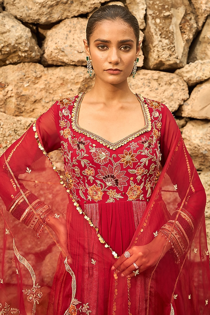 Deep Red Georgette & Banarasi Tissue Floral Hand Embroidered Pleated Wedding Anarkali Set by SHREEKA at Pernia's Pop Up Shop