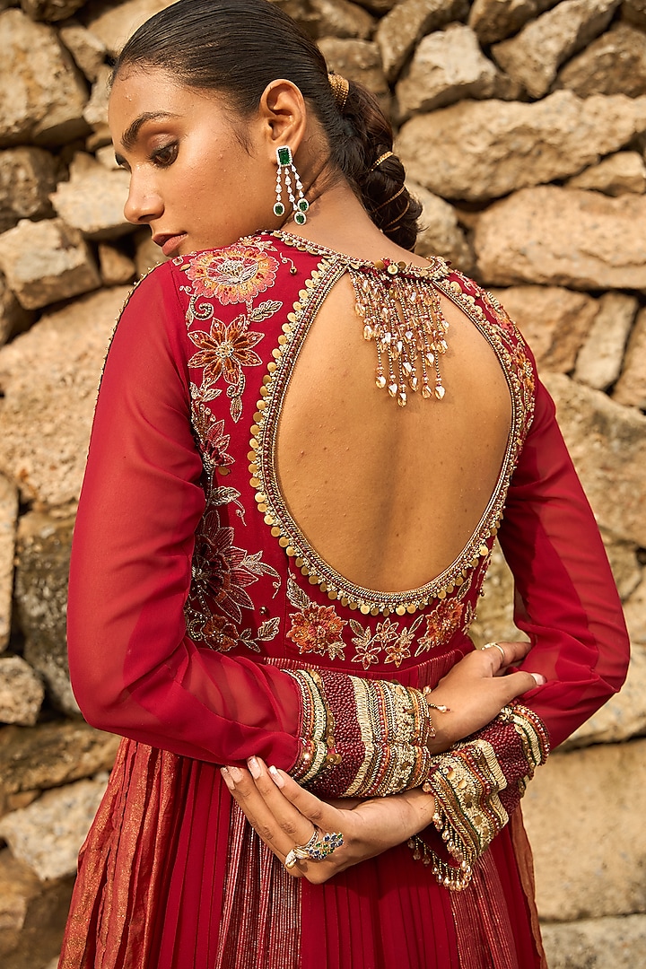 Deep Red Georgette & Banarasi Tissue Floral Hand Embroidered Pleated Wedding Anarkali Set by SHREEKA at Pernia's Pop Up Shop