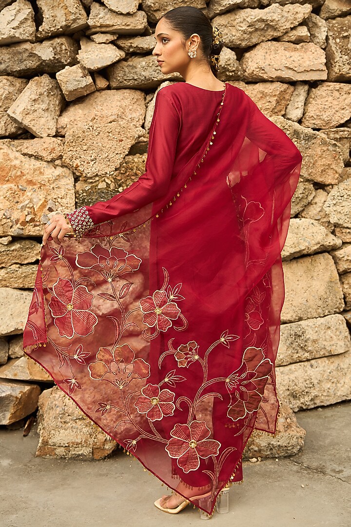 Deep Red Chanderi Hand Embroidered Kurta Set by SHREEKA at Pernia's Pop Up Shop