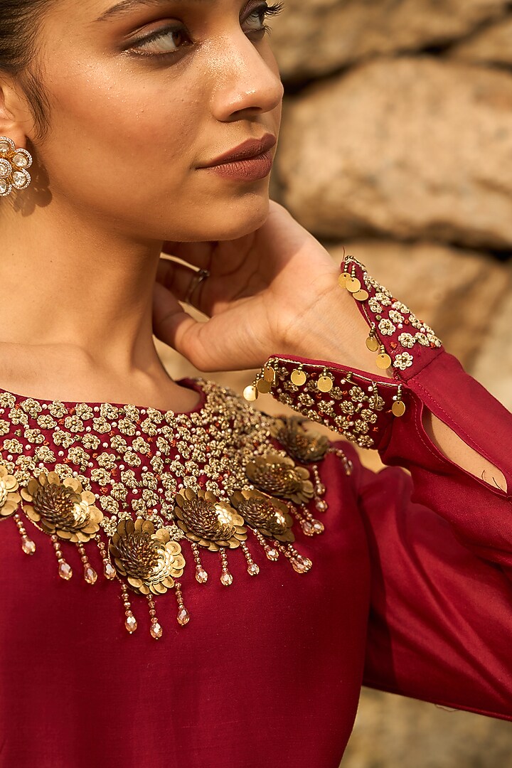 Deep Red Chanderi Hand Embroidered Kurta Set by SHREEKA at Pernia's Pop Up Shop